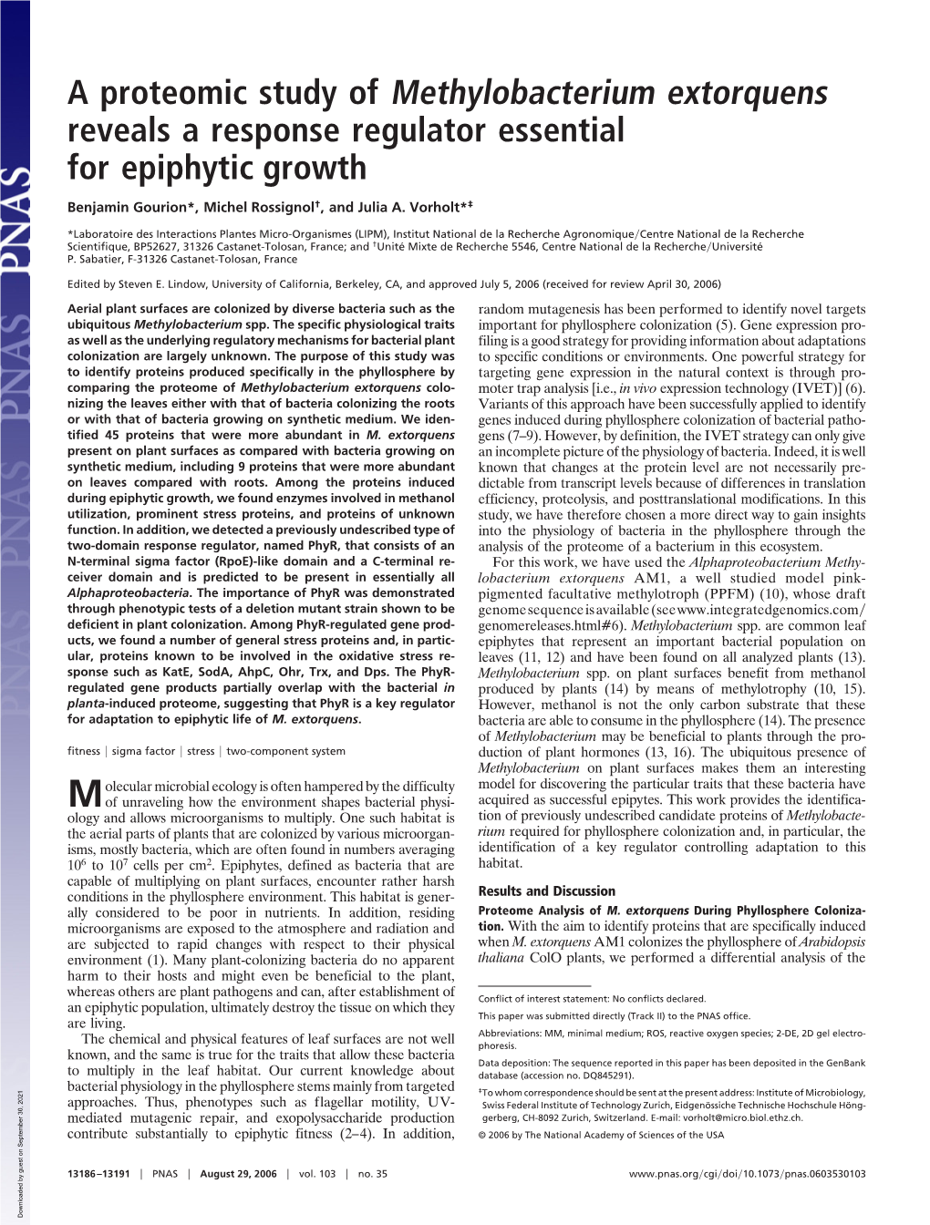 A Proteomic Study of Methylobacterium Extorquens Reveals a Response Regulator Essential for Epiphytic Growth