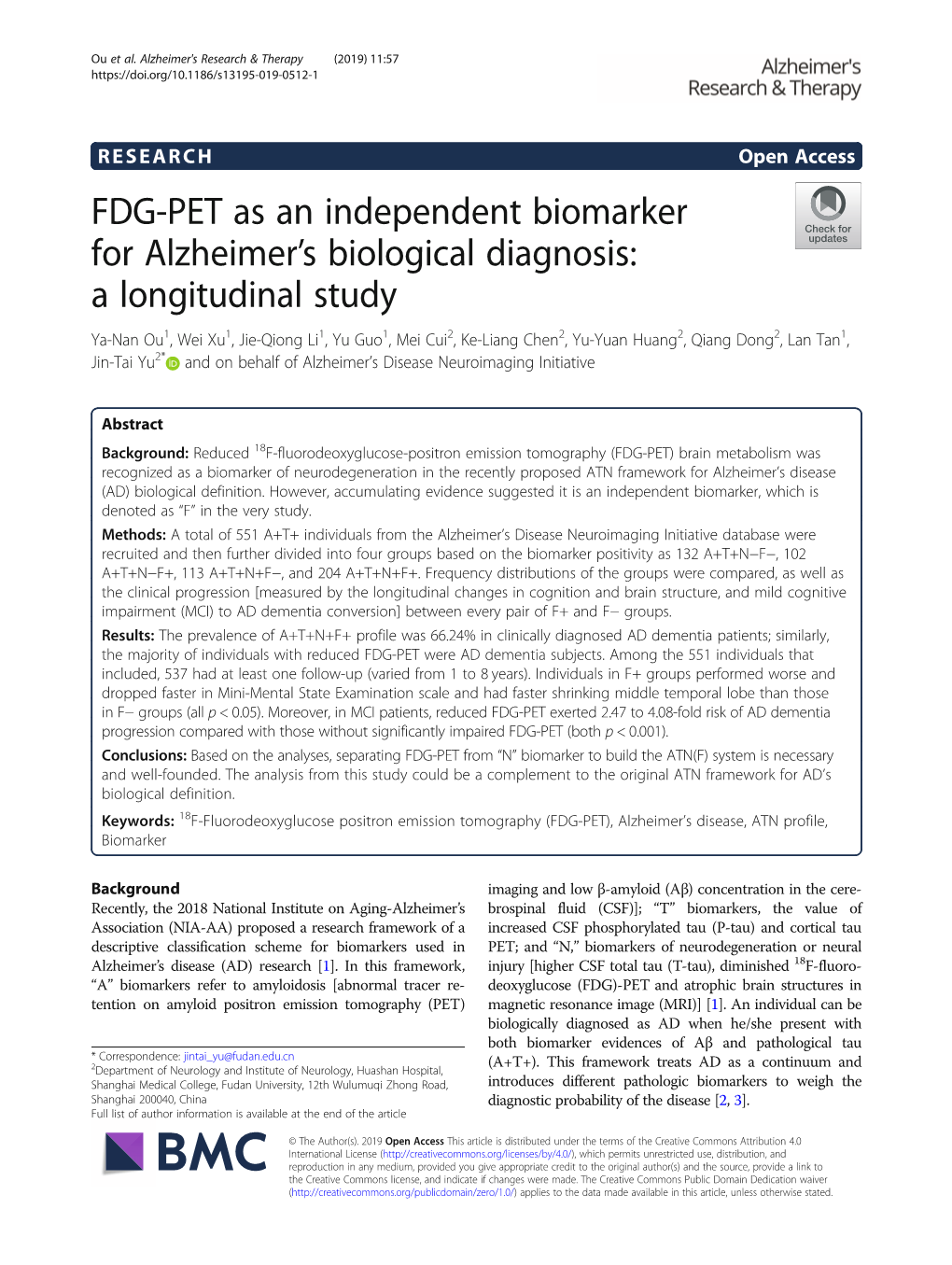 FDG-PET As an Independent Biomarker for Alzheimer's Biological
