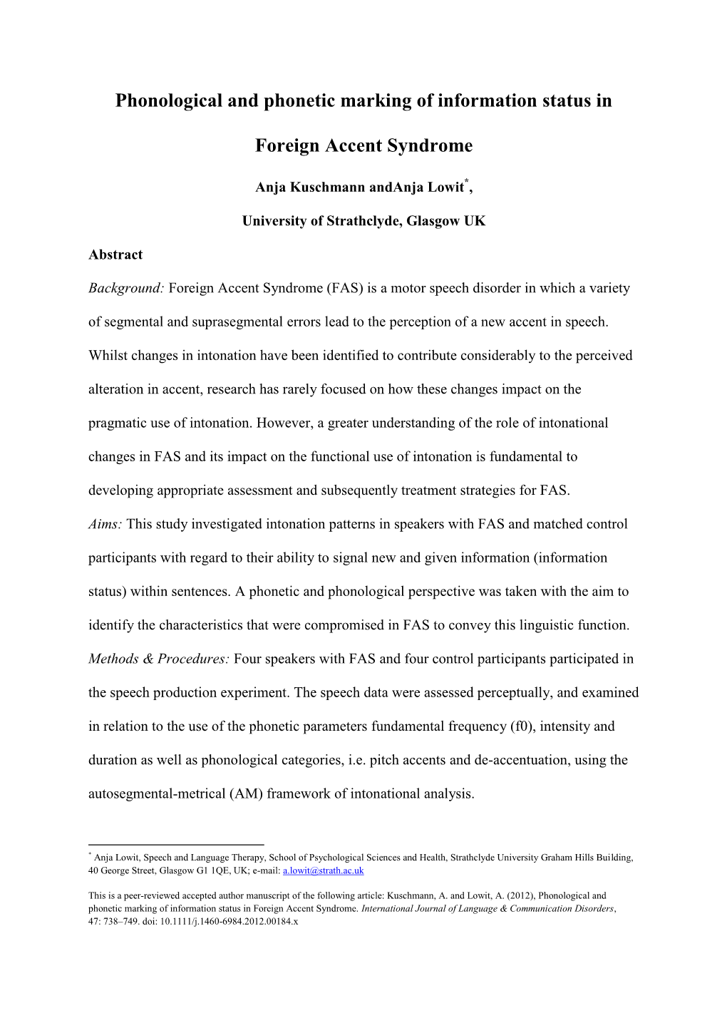 Phonological and Phonetic Marking of Information Status in Foreign Accent Syndrome