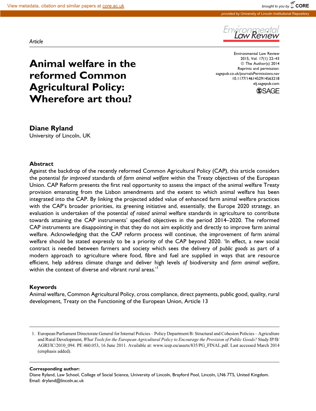 Animal Welfare in the Reformed Common Agricultural Policy