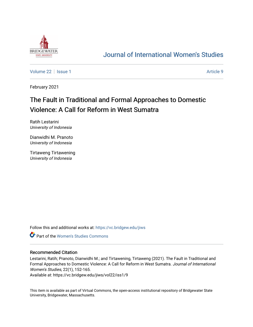 The Fault in Traditional and Formal Approaches to Domestic Violence: a Call for Reform in West Sumatra