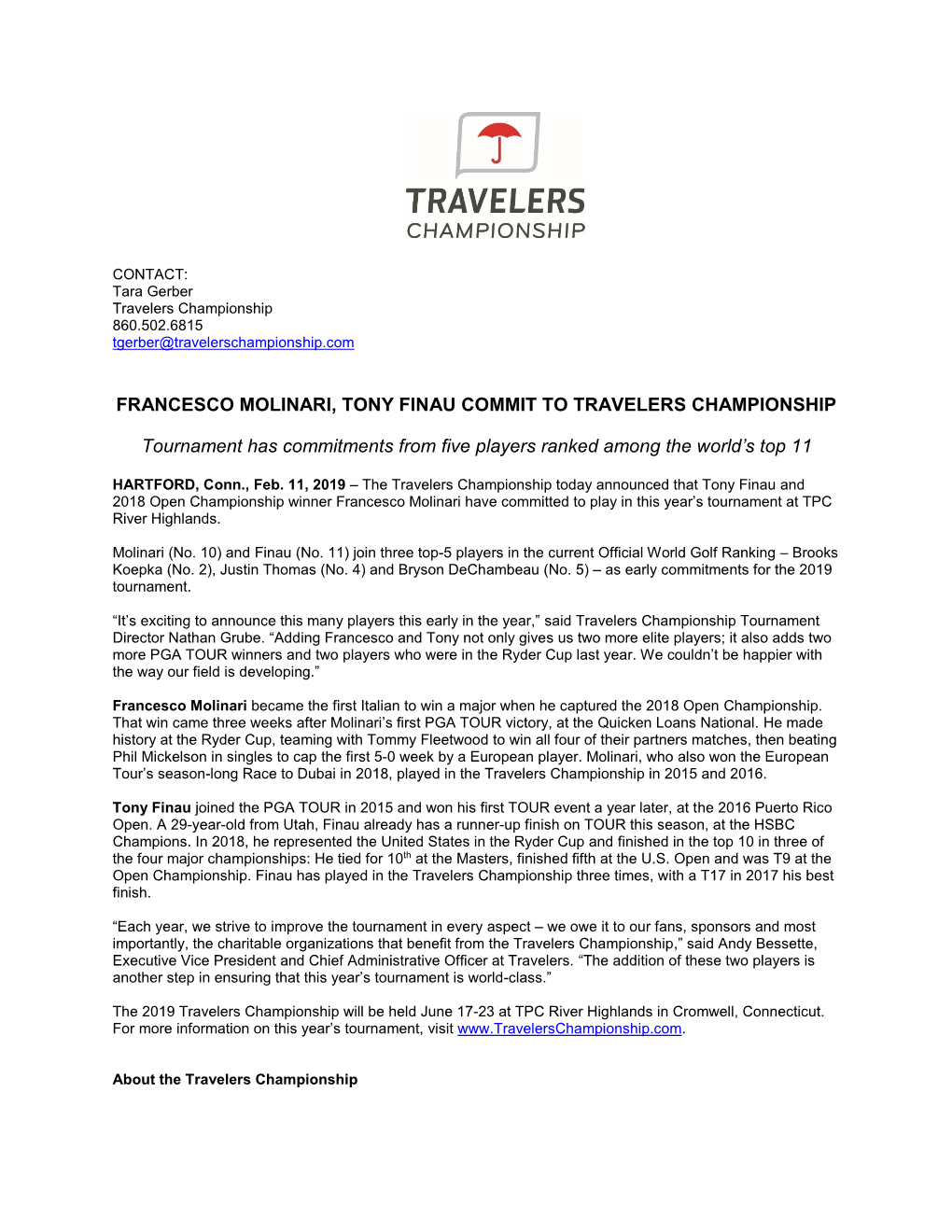 Francesco Molinari, Tony Finau Commit to Travelers Championship