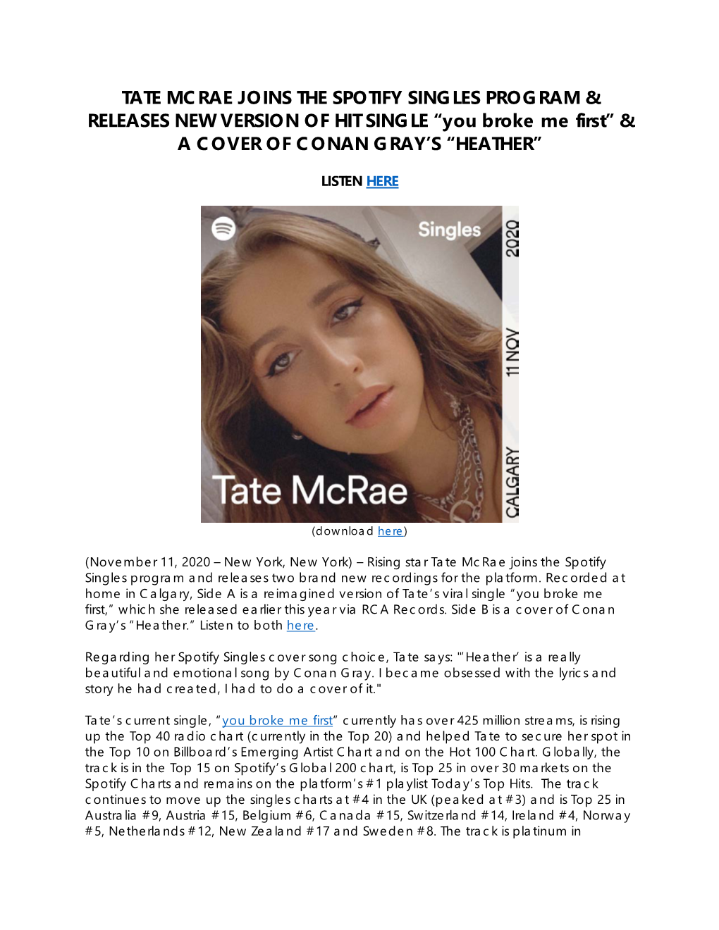 Tate Mcrae Joins the Spotify Singles Program & Releases