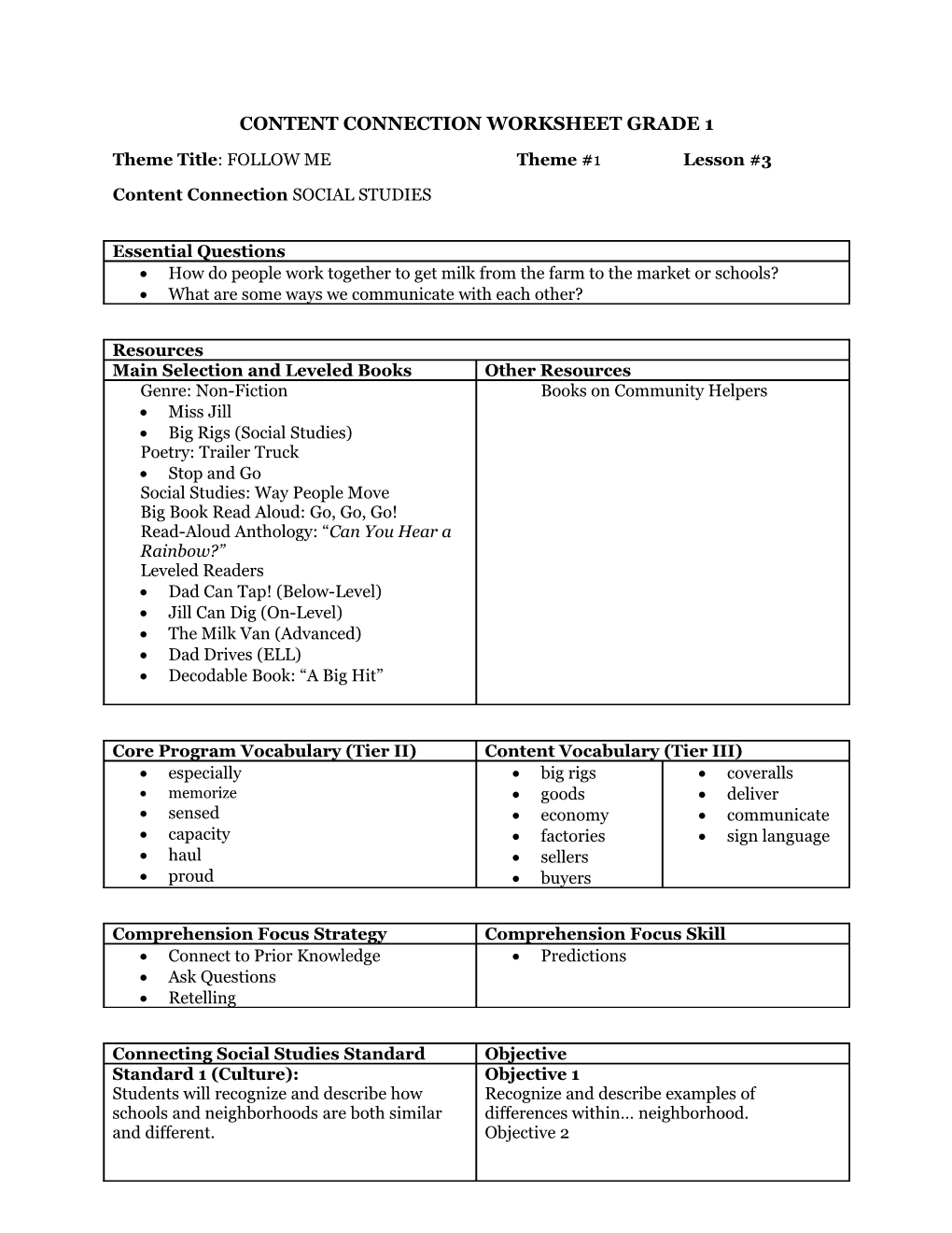 Content Connection Worksheet Grade 1