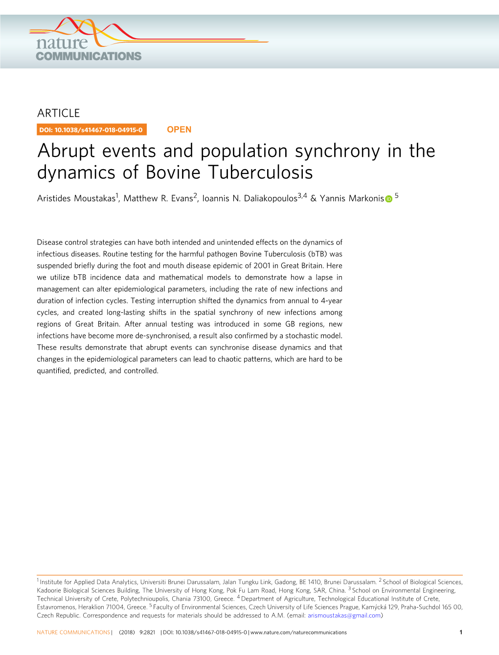 Abrupt Events and Population Synchrony in the Dynamics of Bovine Tuberculosis