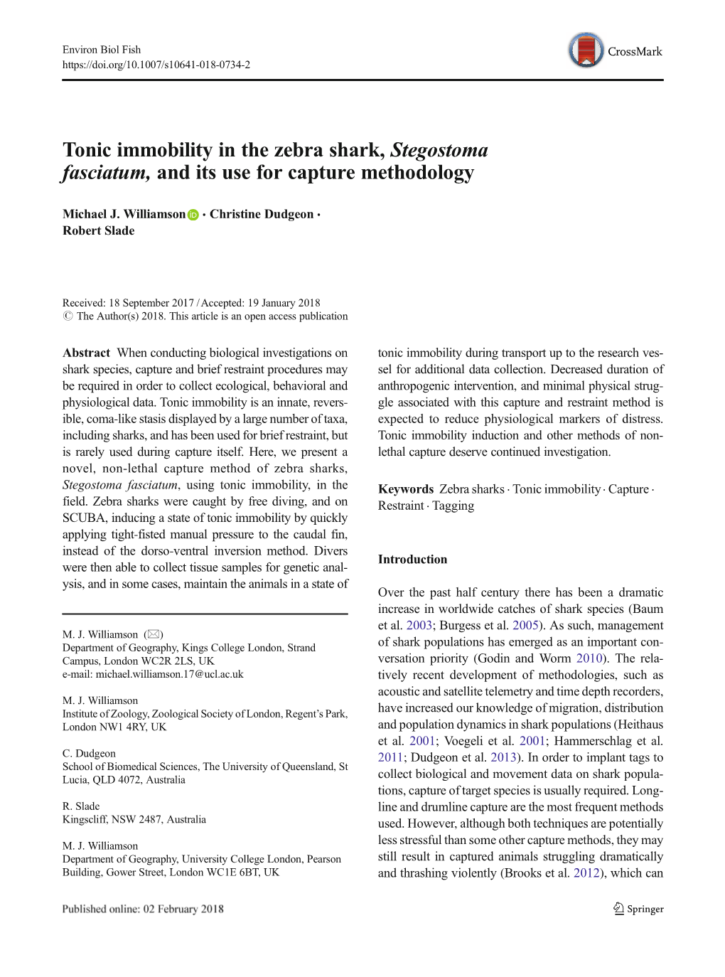 Tonic Immobility in the Zebra Shark, Stegostoma Fasciatum, and Its Use for Capture Methodology