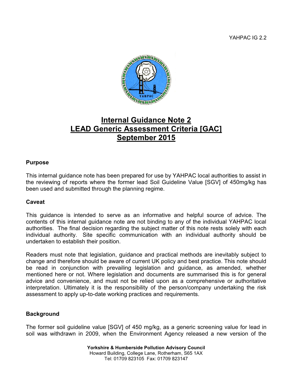 Internal Guidance Note 2 LEAD Generic Assessment Criteria [GAC] September 2015