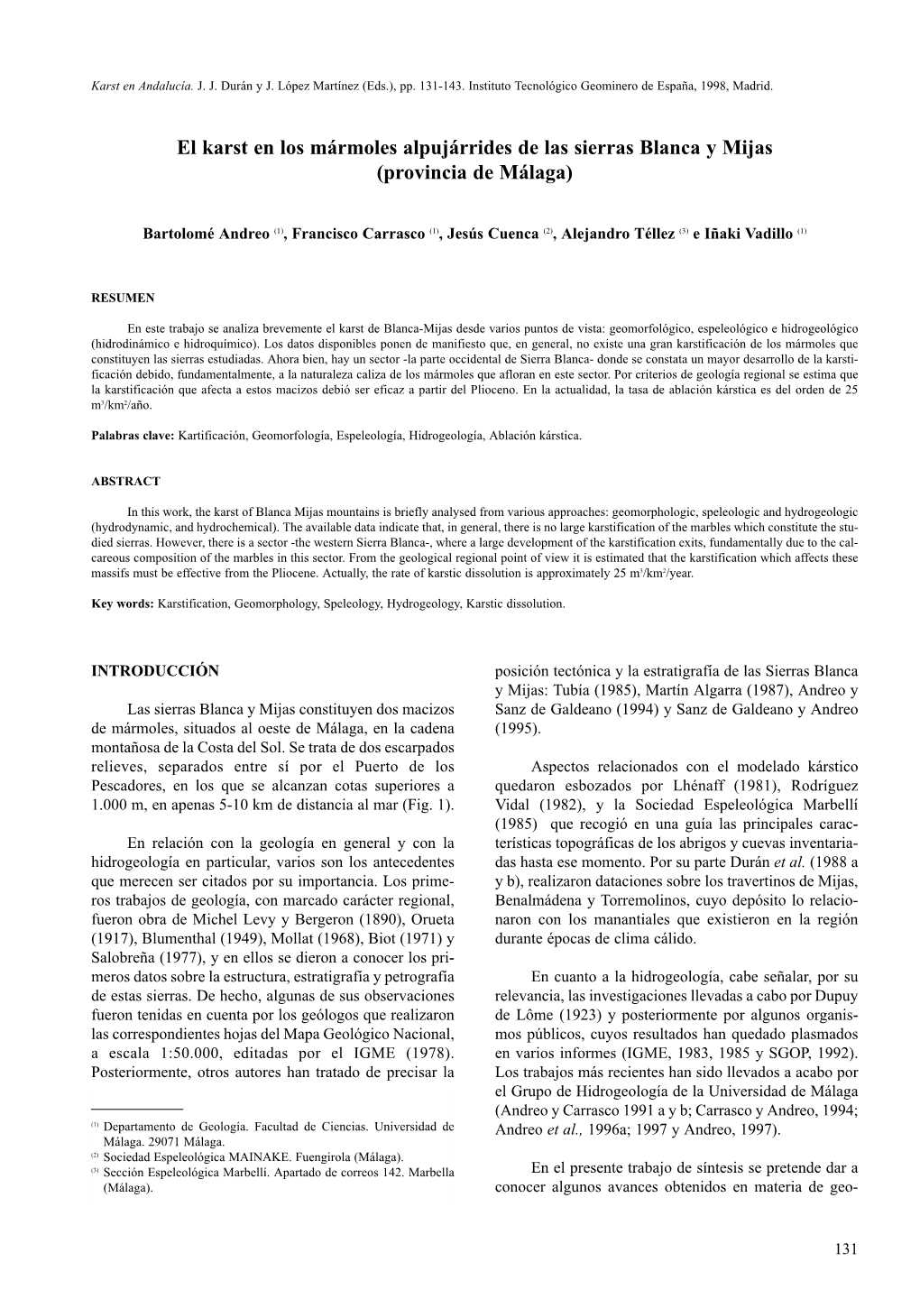 El Karst En Los Mármoles Alpujárrides De Las Sierras Blanca Y Mijas (Provincia De Málaga)