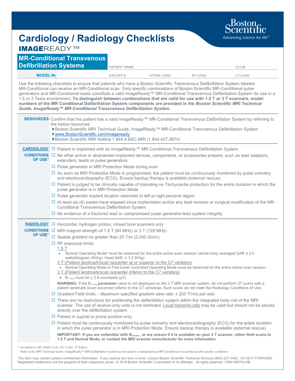 Cardiology / Radiology Checklists IMAGEREADY™ MR-Conditional ...