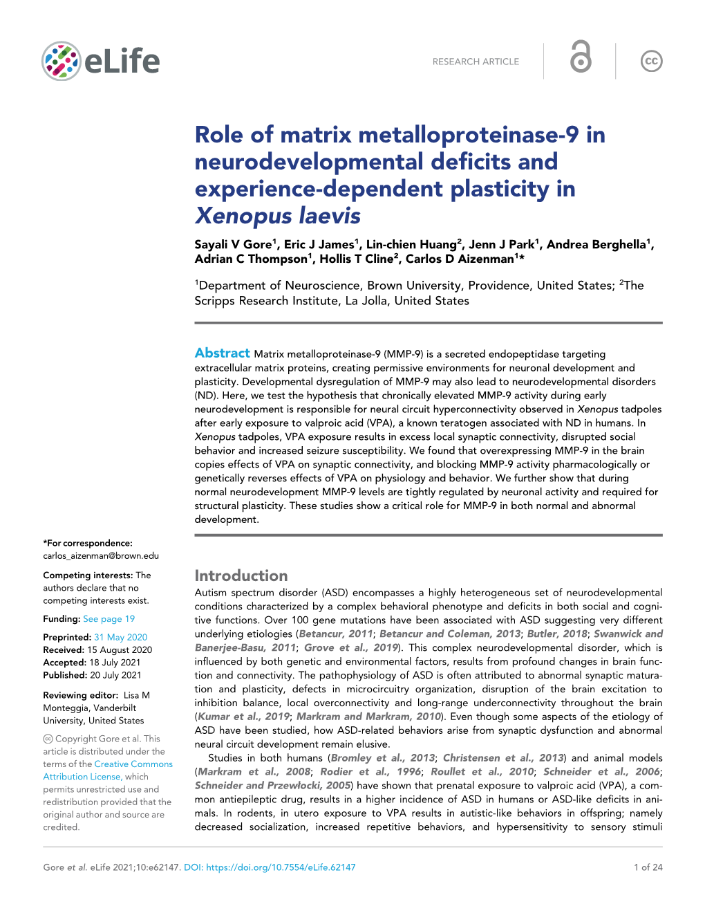 Role of Matrix Metalloproteinase-9 in Neurodevelopmental Deficits And