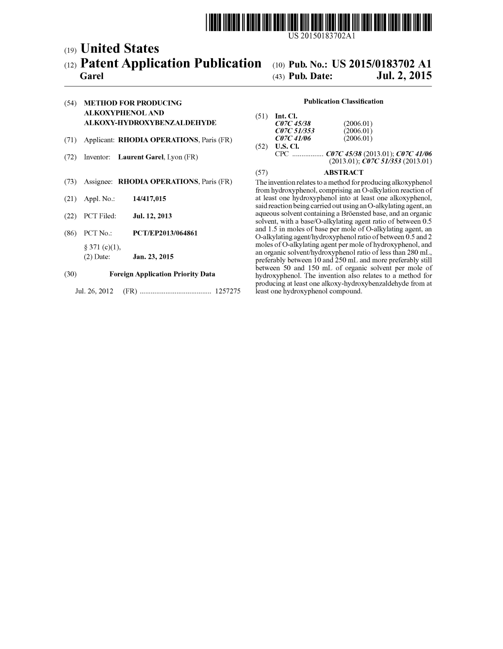 (12) Patent Application Publication (10) Pub. No.: US 2015/0183702 A1 Garel (43) Pub