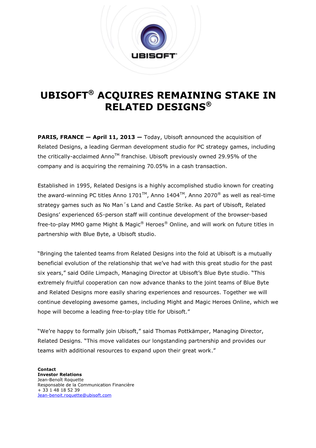 Ubisoft® Acquires Remaining Stake in Related Designs®