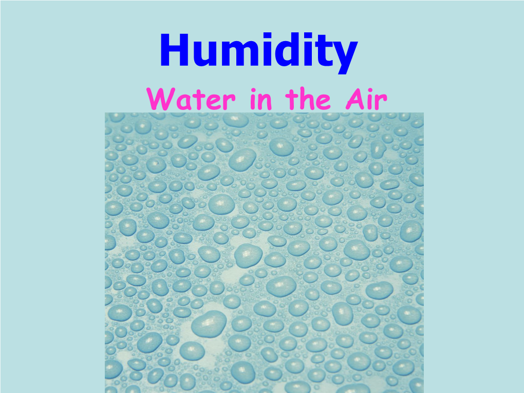 Humidity Water in the Air Humidity Is: • a Measure of the Amount of Water in the Air