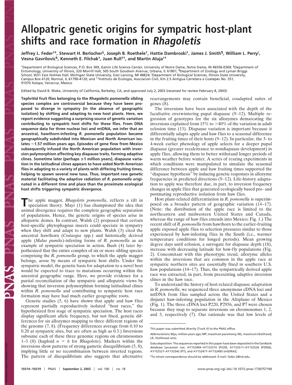 Allopatric Genetic Origins for Sympatric Host-Plant Shifts and Race Formation in Rhagoletis