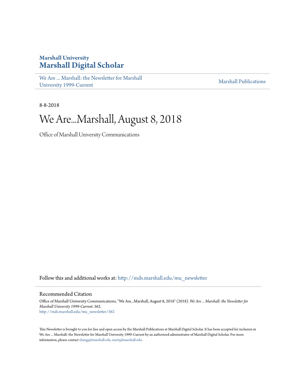 We Are...Marshall, August 8, 2018 Office Ofa M Rshall University Communications