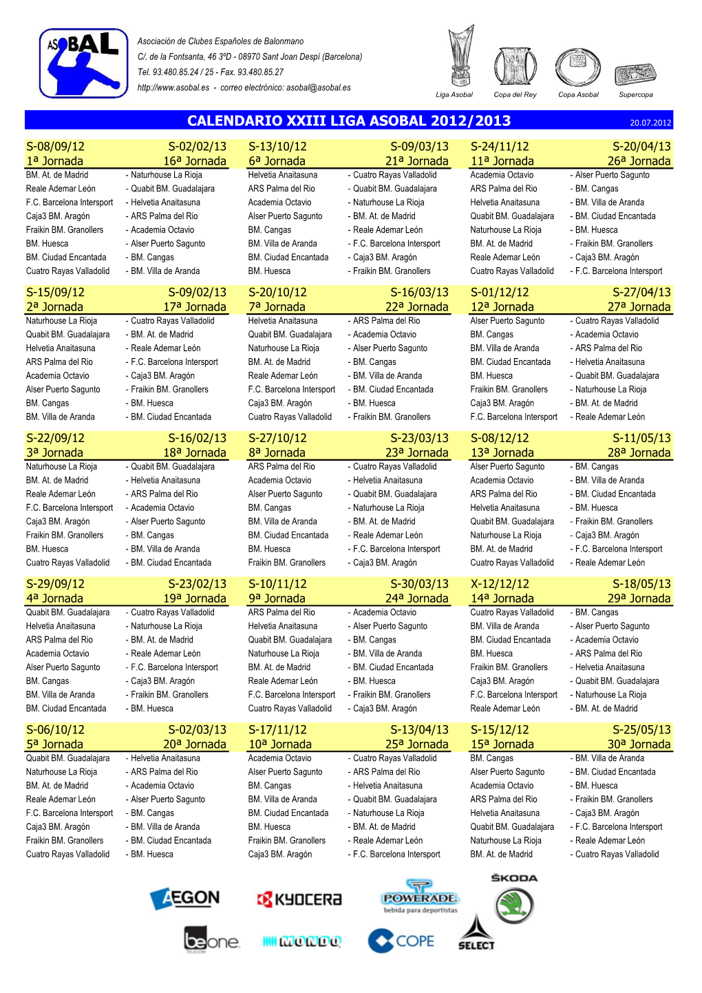 Calendario Xxiii Liga Asobal 2012/2013 20.07.2012