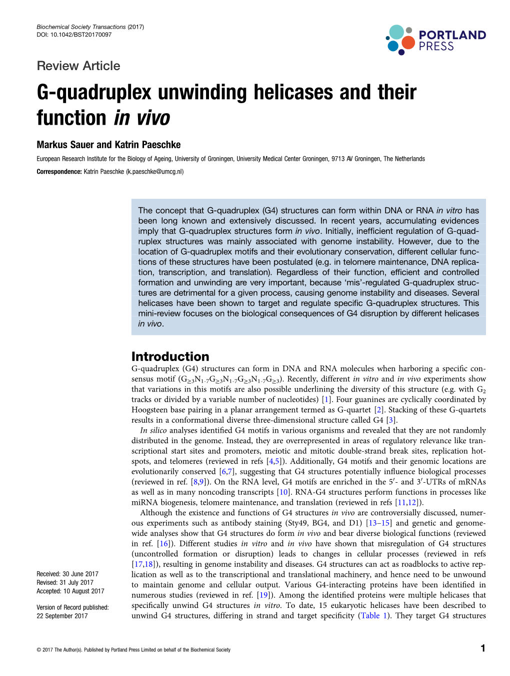 G-Quadruplex Unwinding Helicases and Their Function in Vivo