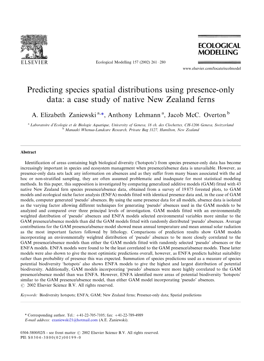 Predicting Species Spatial Distributions Using Presence-Only Data: a Case Study of Native New Zealand Ferns