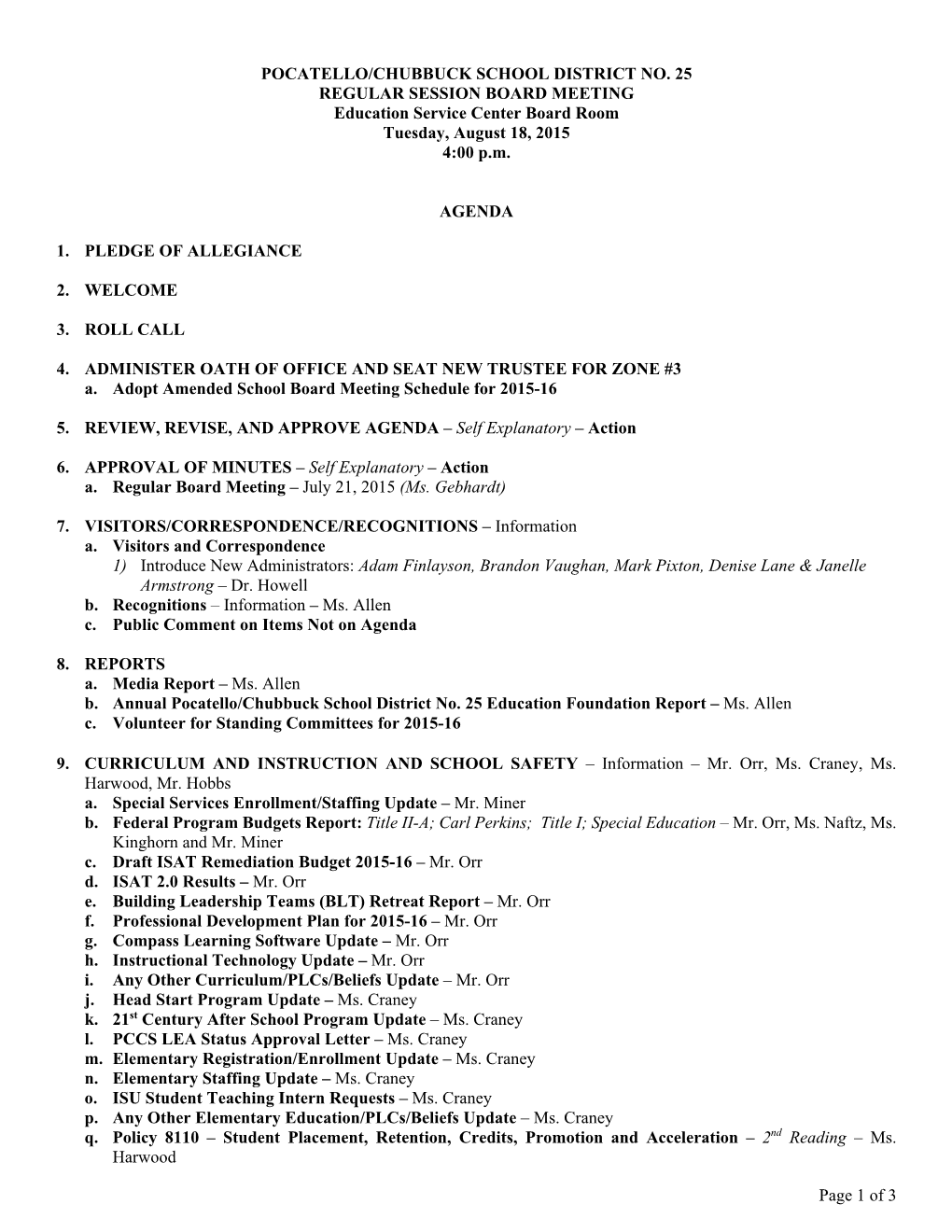 Regular Session Board Meeting Agenda