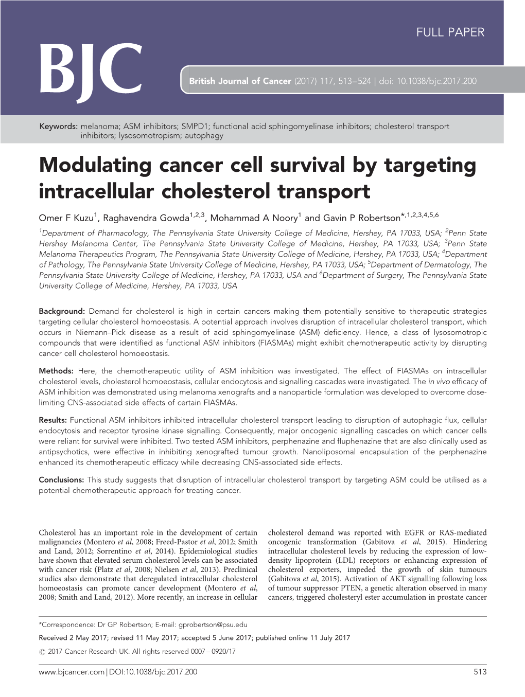 Modulating Cancer Cell Survival by Targeting Intracellular Cholesterol Transport