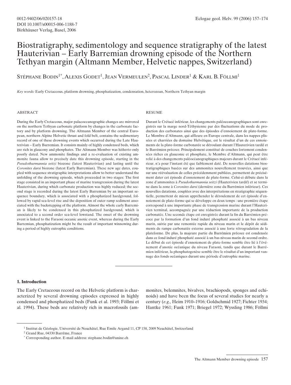 Early Barremian Drowning Episode of the Northern Tethyan Margin (Altmann Member, Helvetic Nappes, Switzerland)