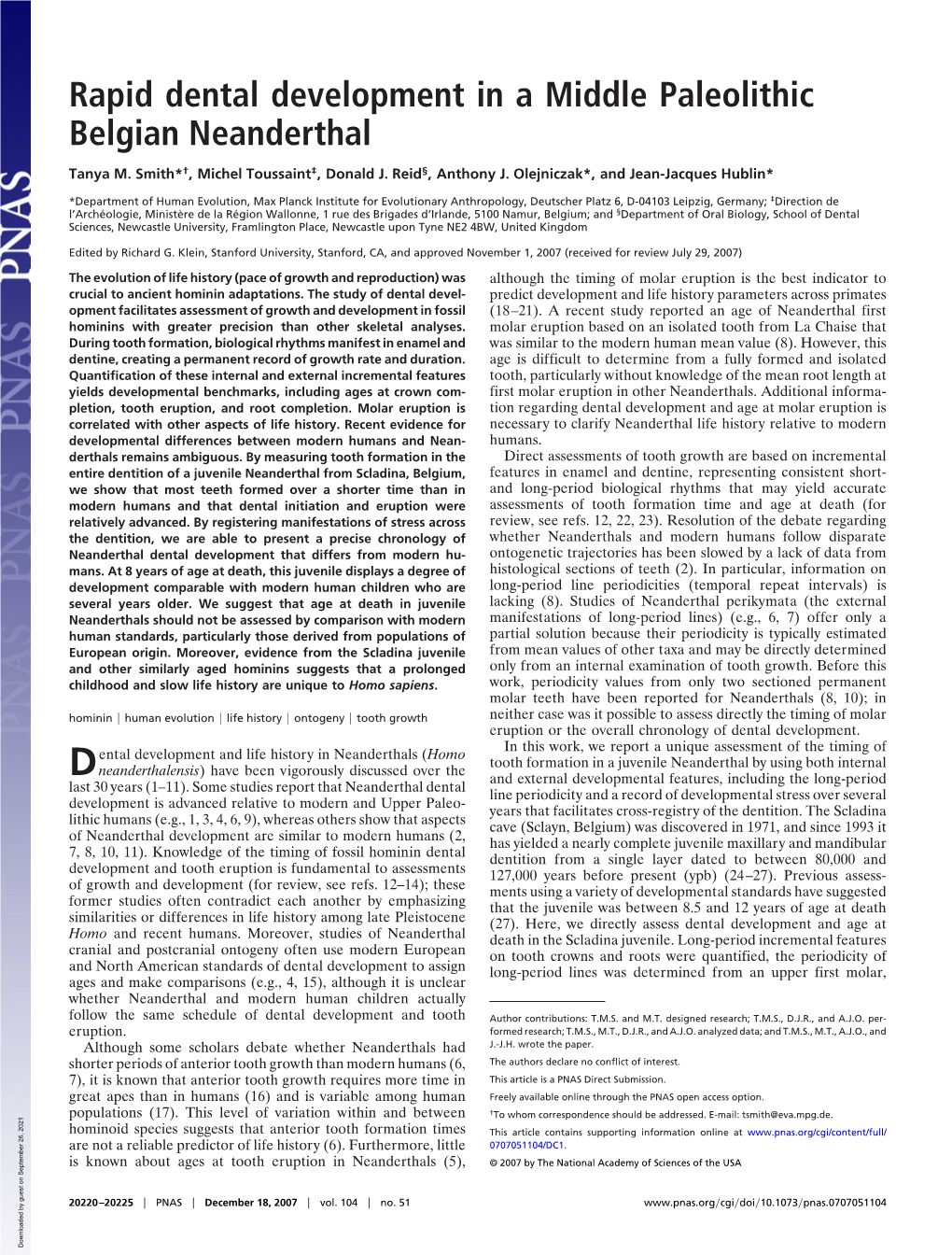 Rapid Dental Development in a Middle Paleolithic Belgian Neanderthal