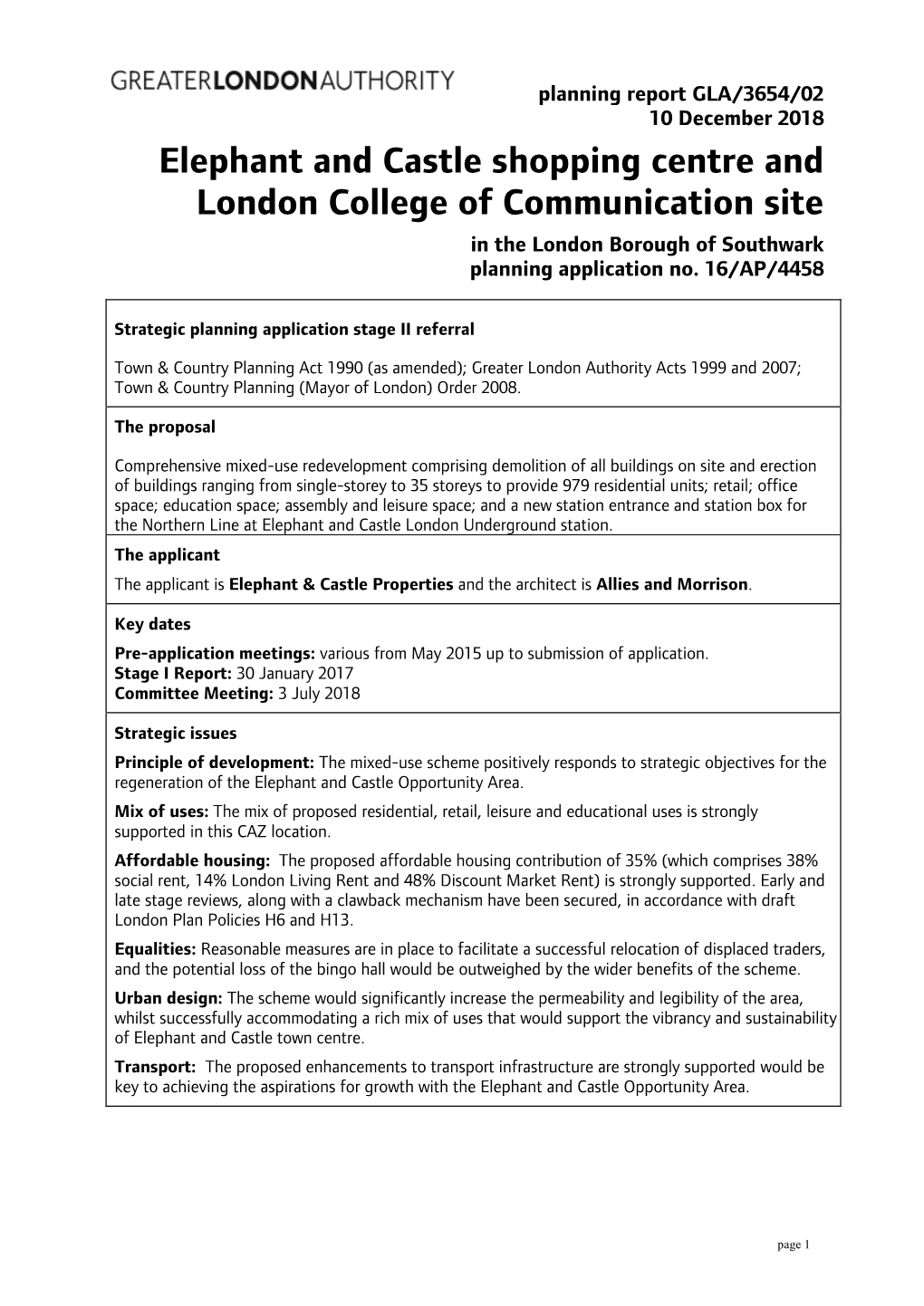 Elephant and Castle Shopping Centre and London College of Communication Site in the London Borough of Southwark Planning Application No