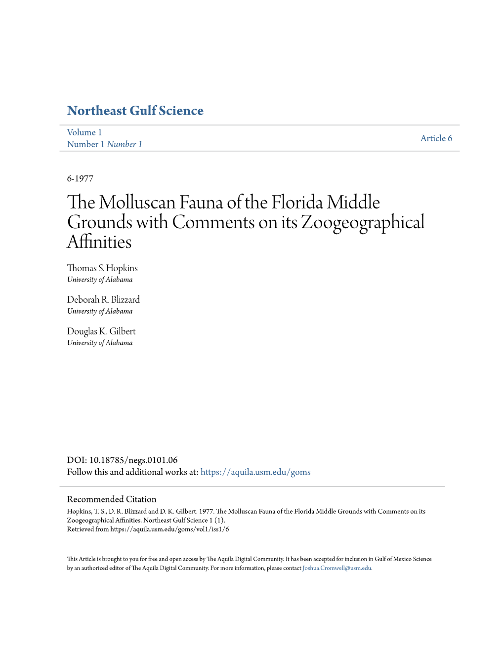 The Molluscan Fauna of the Florida Middle Grounds with Comments on It's Zoogeographical Affinities!