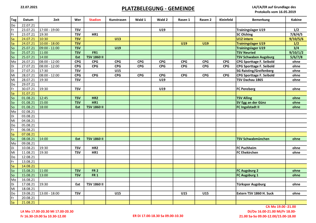 PLATZBELEGUNG - GEMEINDE LA/CA/ER Auf Grundlage Des Protokolls Vom 16.05.2019