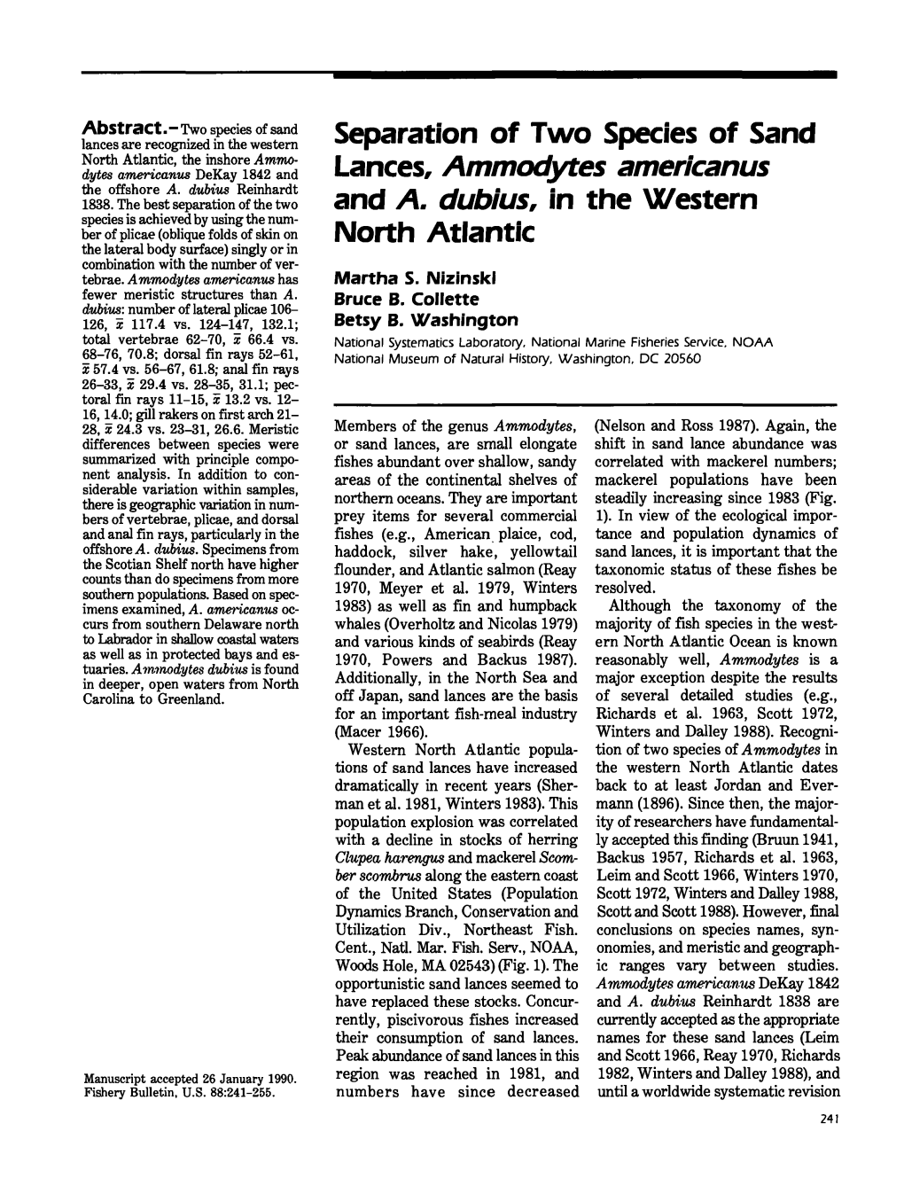Separation of Two Species of Sand Lances, Ammodytes Americanus