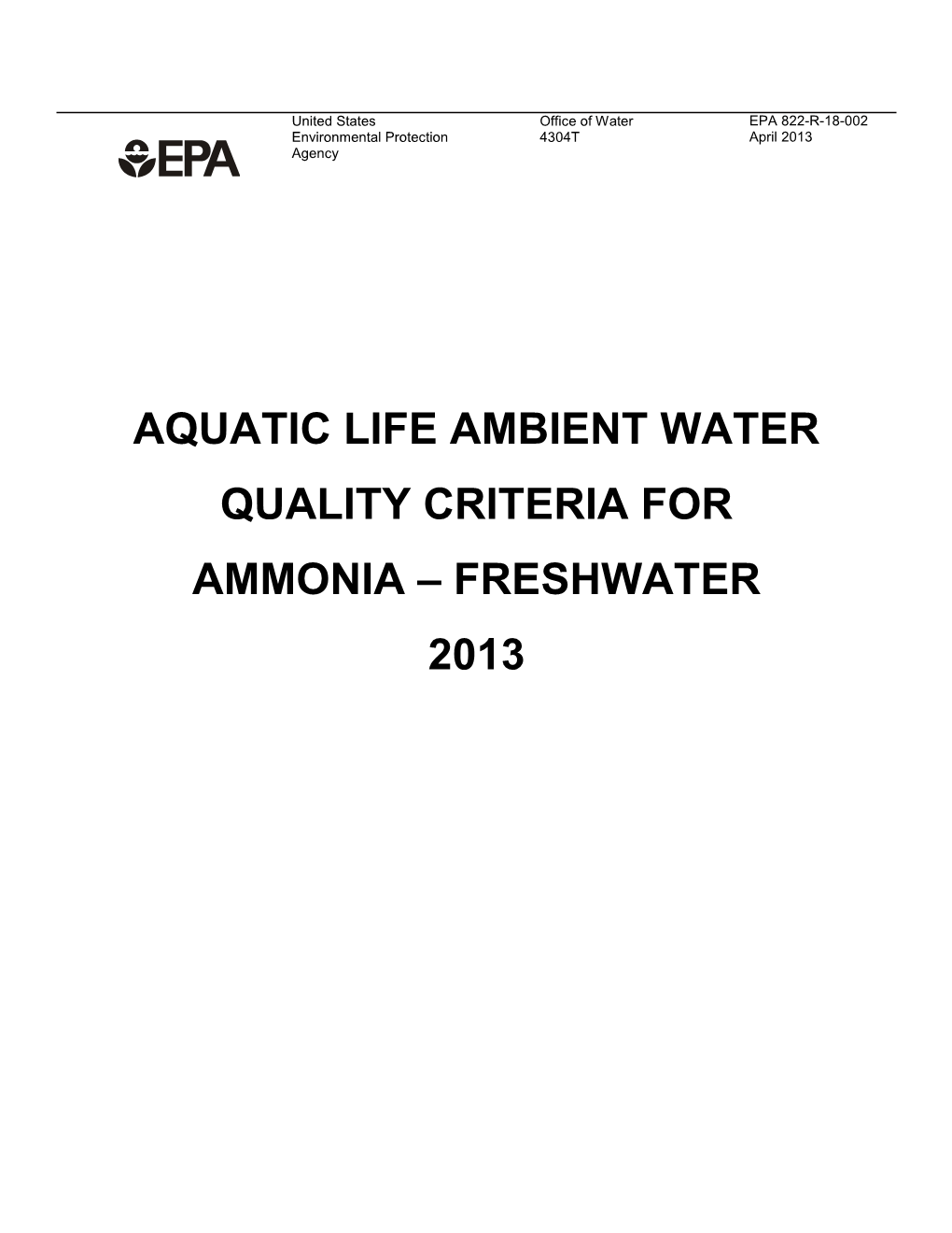 2013 Freshwater Aquatic Life Ambient Water Quality Criteria for Ammonia