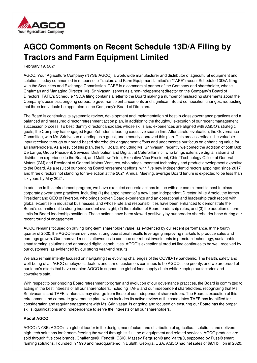 AGCO Comments on Recent Schedule 13D/A Filing by Tractors and Farm Equipment Limited February 19, 2021