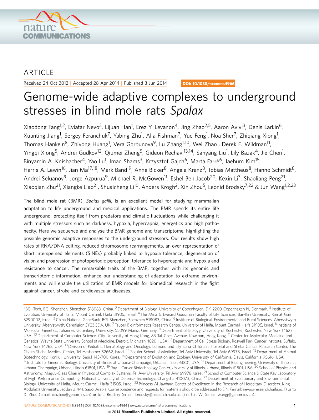 Genome-Wide Adaptive Complexes to Underground Stresses in Blind Mole Rats Spalax