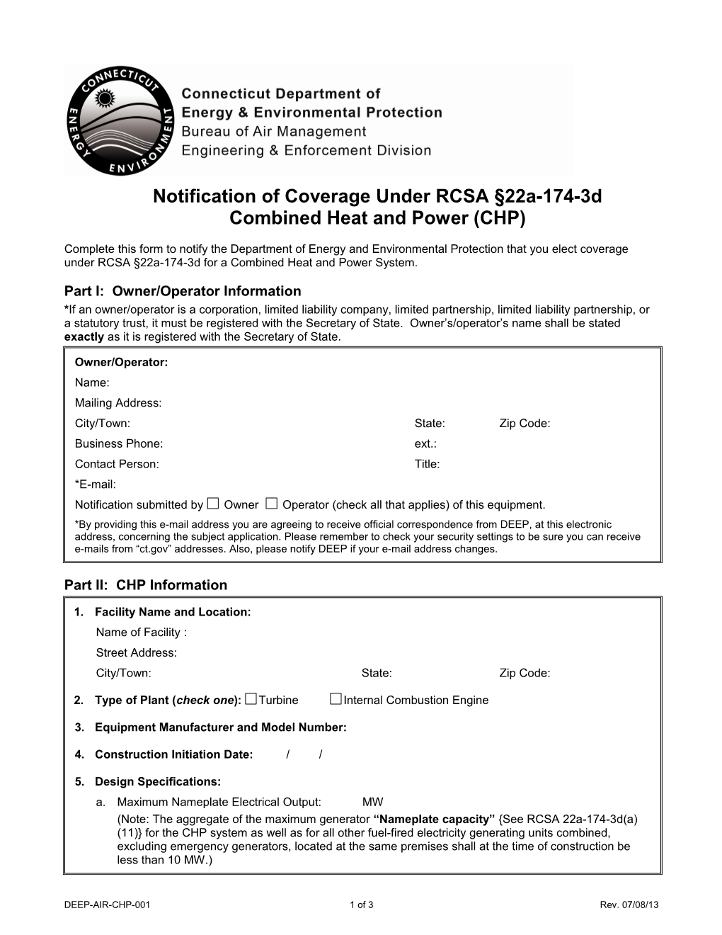 Notification of Coverage Under RCSA Sec 221-174-3D Combined Heat and Power