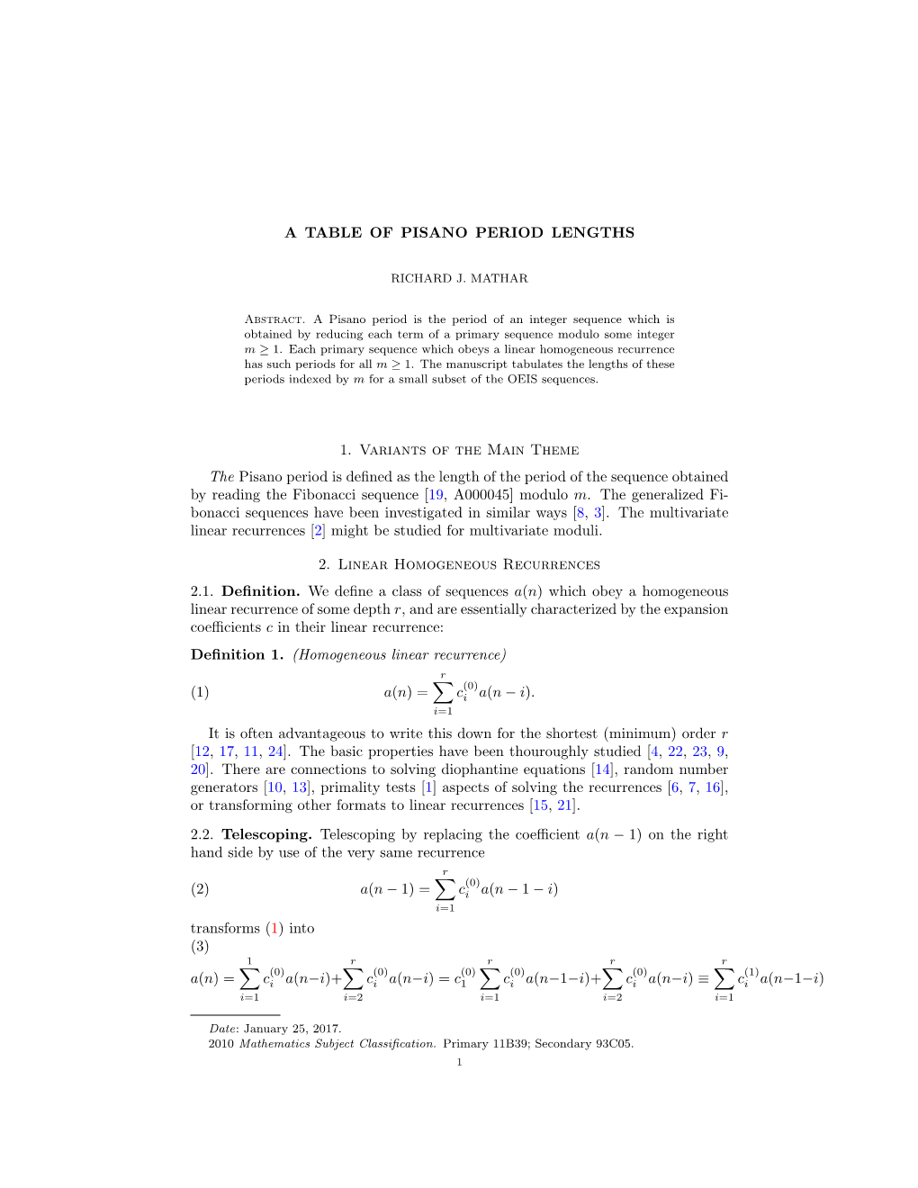 A Table of Pisano Period Lengths