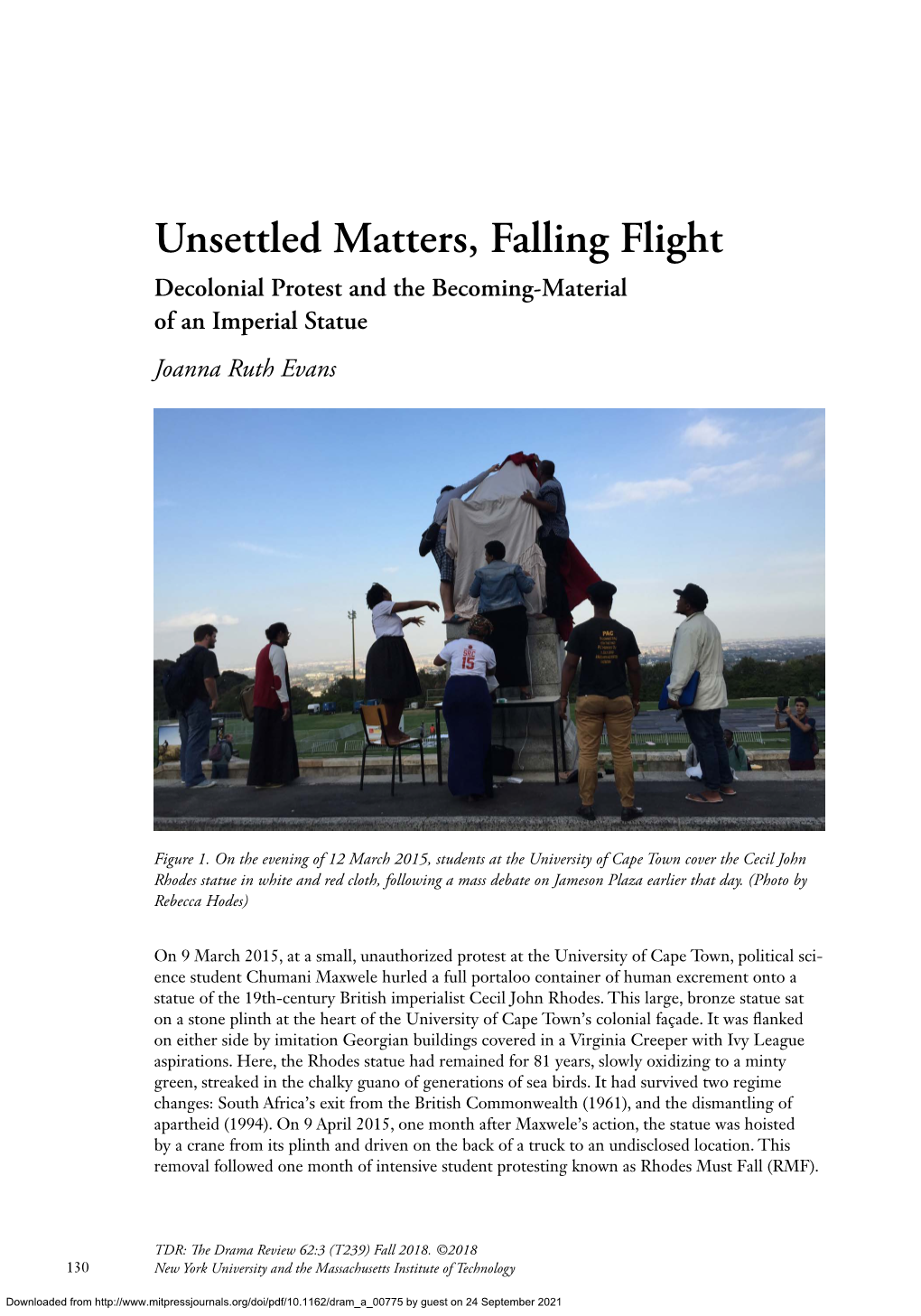 Unsettled Matters, Falling Flight Decolonial Protest and the Becoming-Material of an Imperial Statue Joanna Ruth Evans