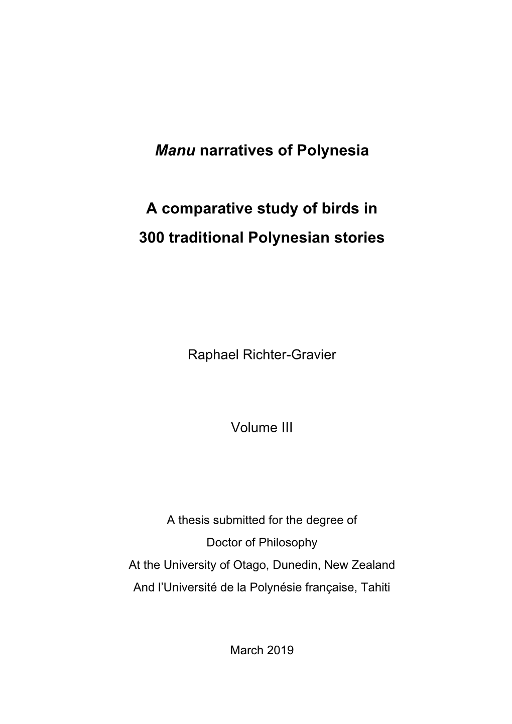 Manu Narratives of Polynesia a Comparative Study of Birds in 300 Traditional Polynesian Stories