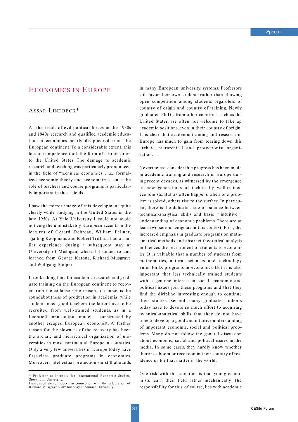 ECONOMICS in EUROPE in Many European University Systems