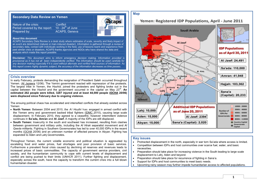 1 Secondary Data Review on Yemen Crisis Overview Map Key Issues
