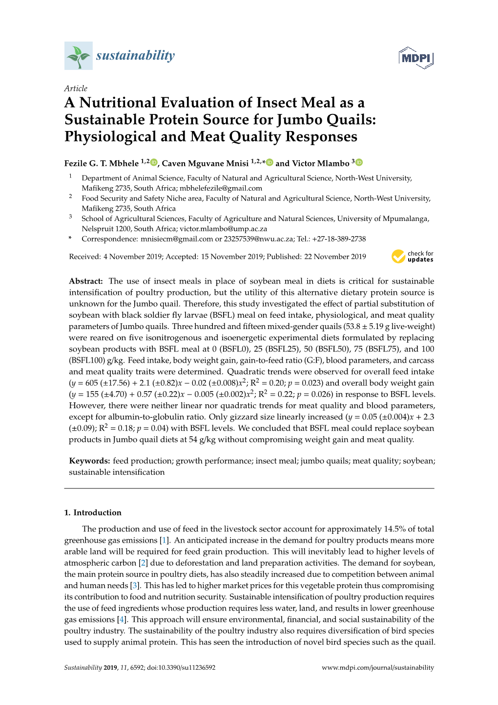 A Nutritional Evaluation of Insect Meal As a Sustainable Protein Source for Jumbo Quails: Physiological and Meat Quality Responses