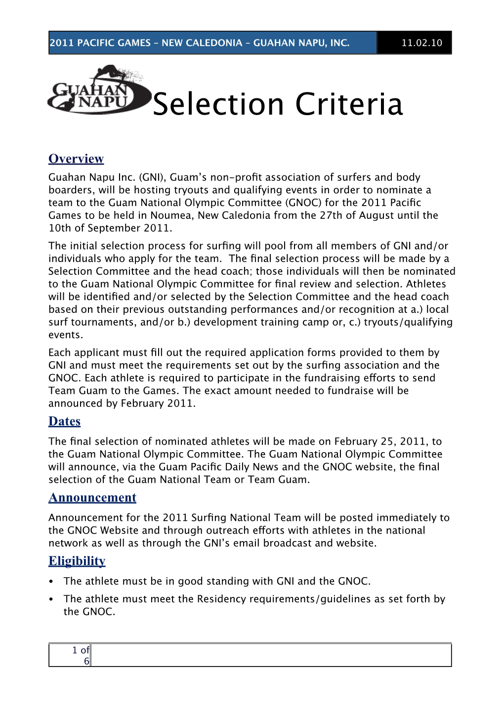 GNI (Surfing)Selection Criteria for 2011 PG