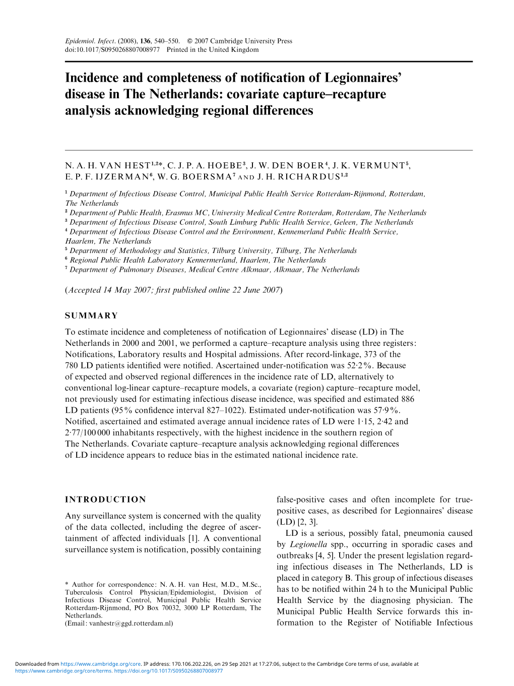 Incidence and Completeness of Notification of Legionnaires' Disease