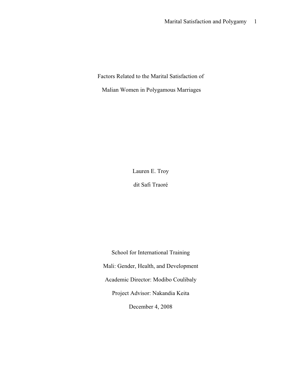 Factors Related to the Marital Satisfaction of Malian Women in Polygamous Marriages