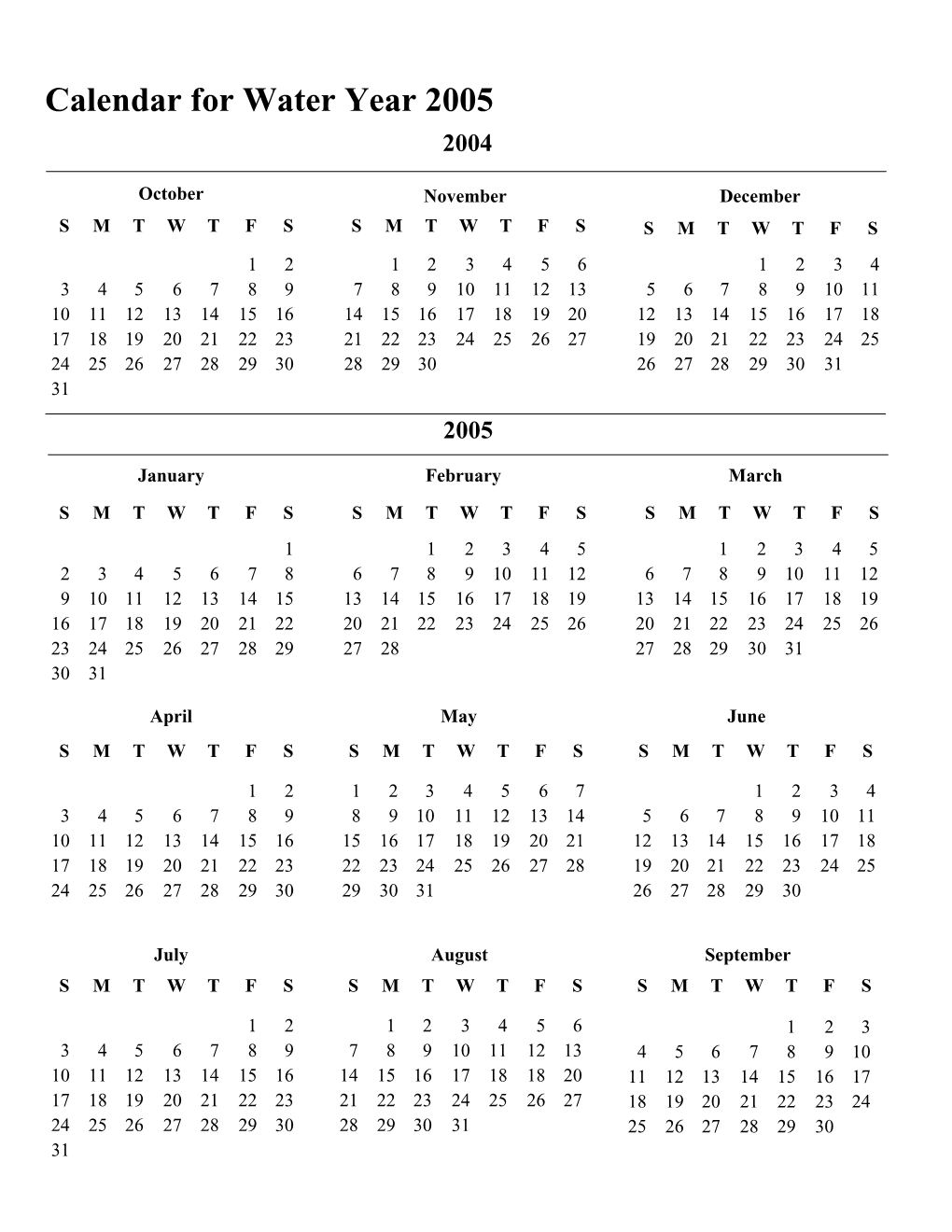Calendar for Water Year 2005 2004