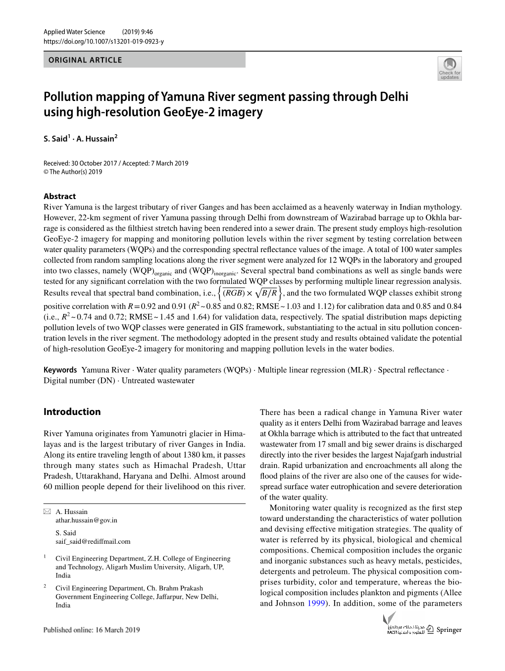 Pollution Mapping of Yamuna River Segment Passing Through Delhi Using High‑Resolution Geoeye‑2 Imagery