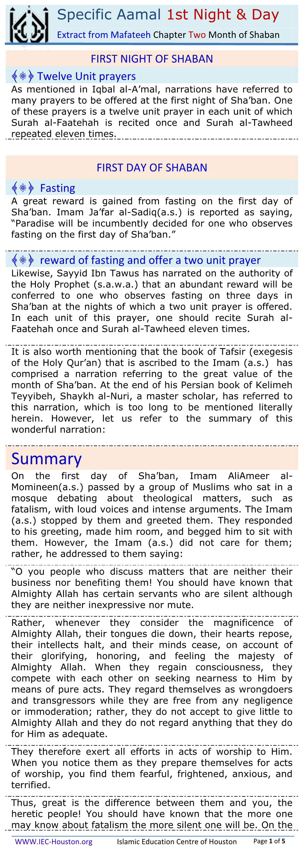 First Night of Shahban and Day A'amal