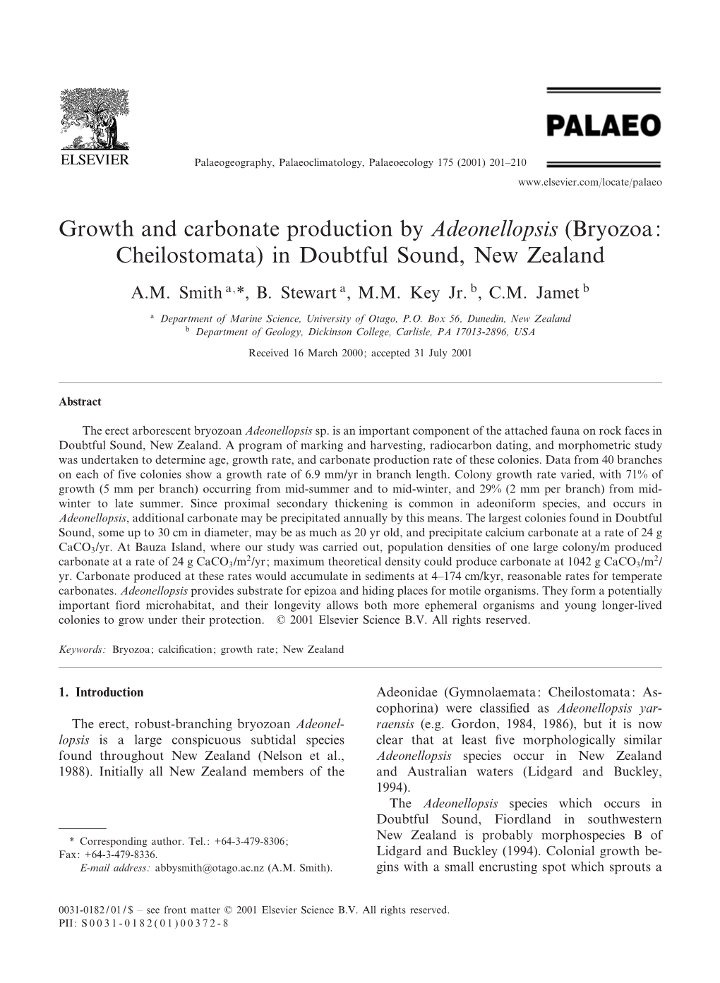 Growth and Carbonate Production by Adeonellopsis (Bryozoa: Cheilostomata) in Doubtful Sound, New Zealand