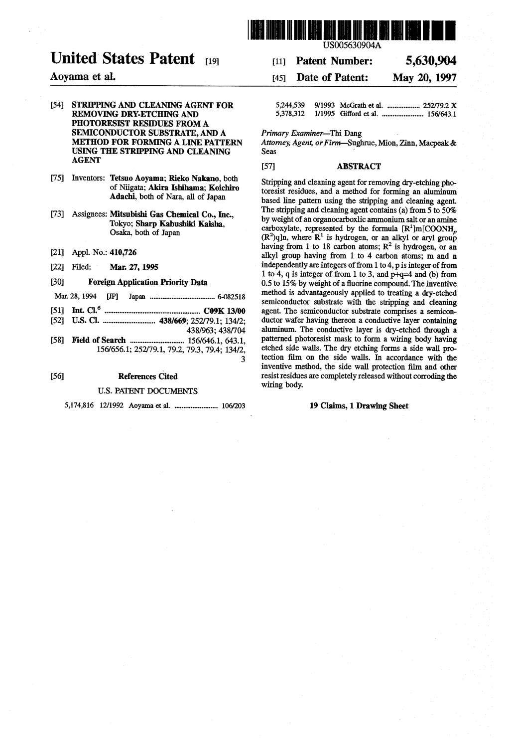 United States Patent 19 11 Patent Number: 5,630,904 Aoyama Et Al