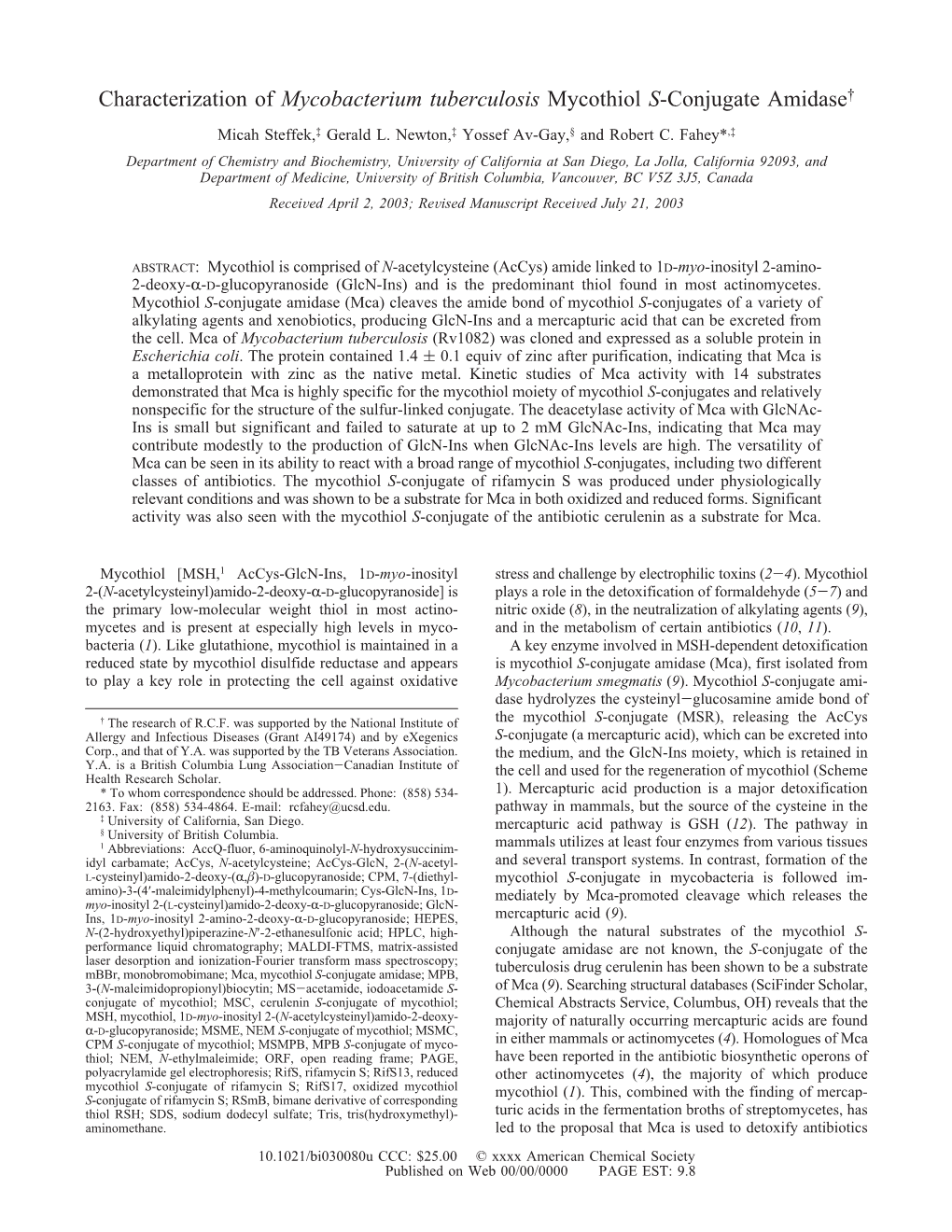 Characterization of Mycobacterium Tuberculosis Mycothiol S-Conjugate Amidase† Micah Steffek,‡ Gerald L