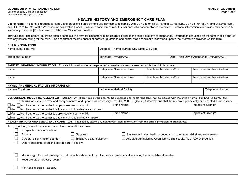 Health History and Emergency Care Plan, DCF-F (CFS-2345)